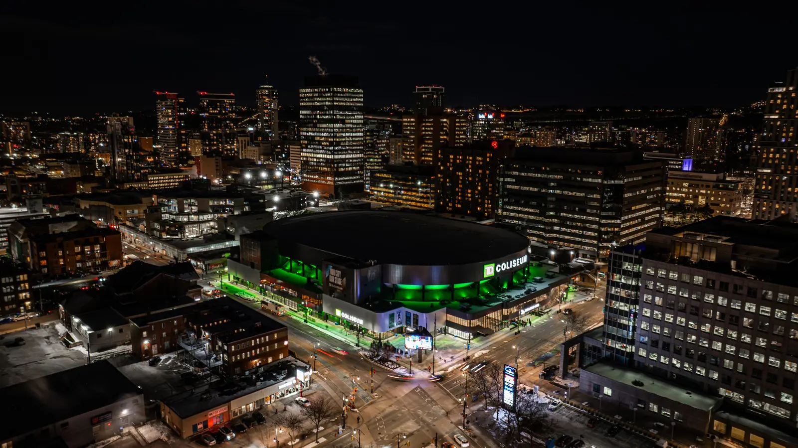 Aerial view of TD Coliseum at night, downtown Hamilton